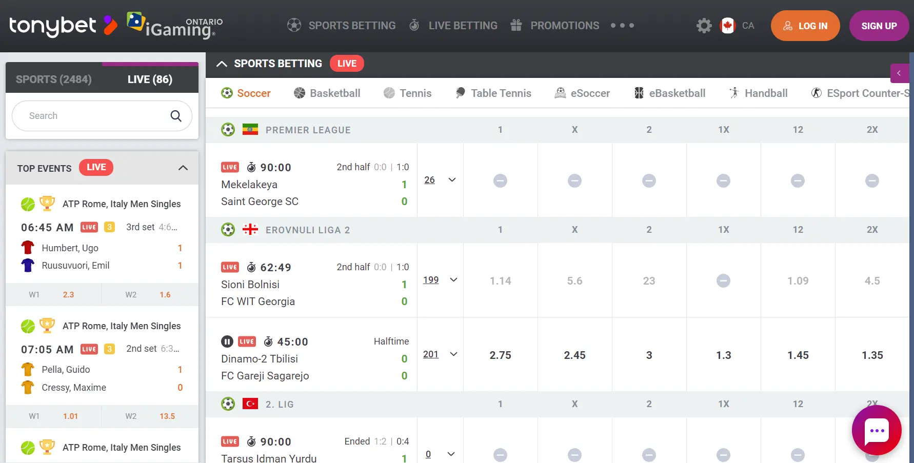 TonyBet Ontario Sportsbook Interface