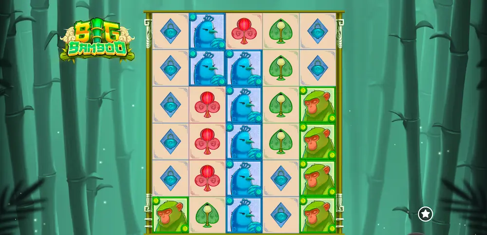 Big Bamboo från Push Gaming med fem hjul och sex rader, staplade djursymboler och kortsymboler omgivna av bambustammar