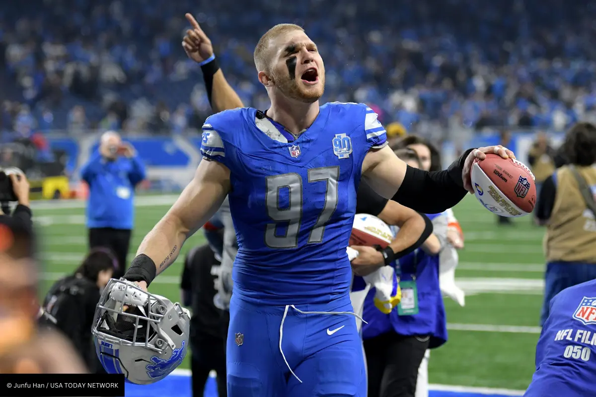 Detroit Lions star Aidan Hutchinson celebrates as team inches closer to Super Bowl