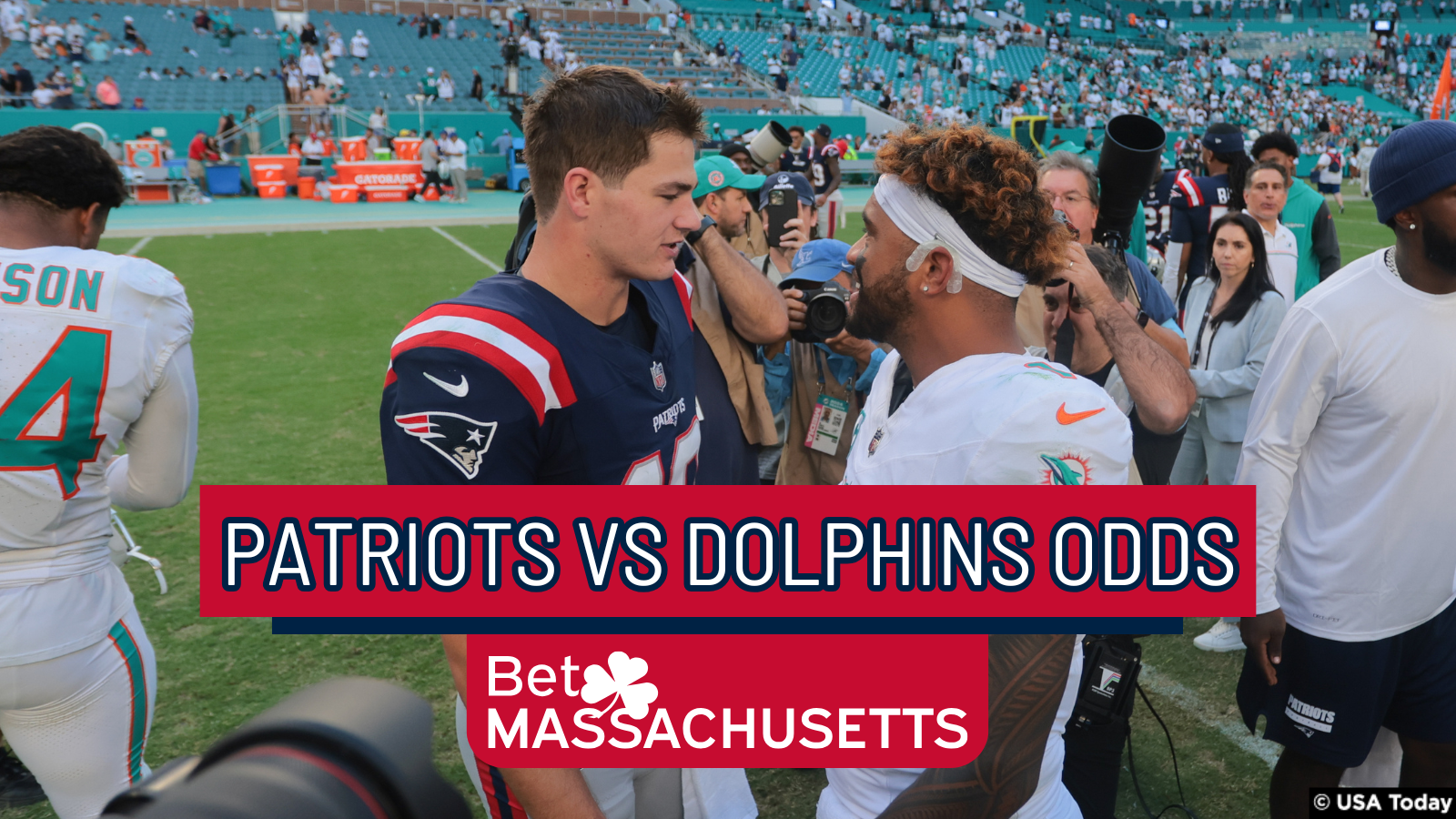Patriots QB Drake Maye and Dolphins QB Tua Tagoviola postgame