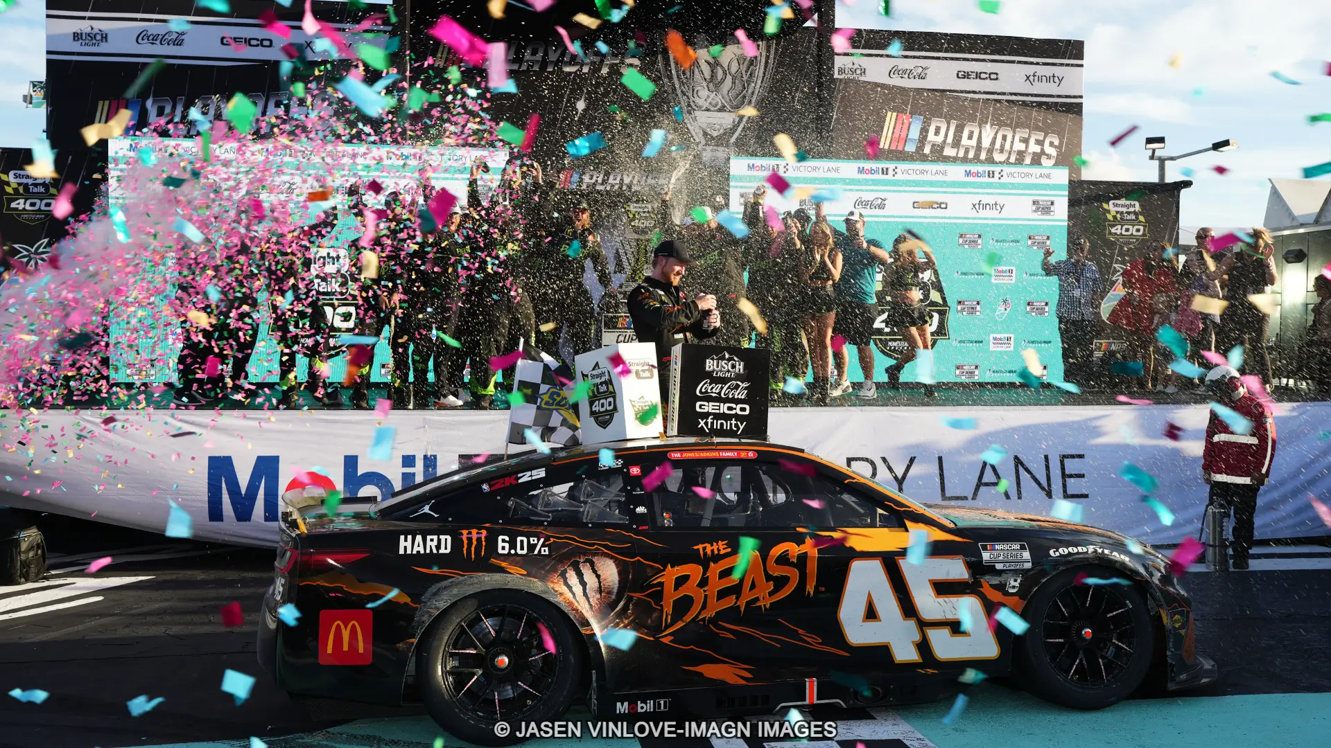 NASCAR Cup Series driver Tyler Reddick (45) celebrates after winning the Straight Talk Wireless 400 at Homestead-Miami Speedway