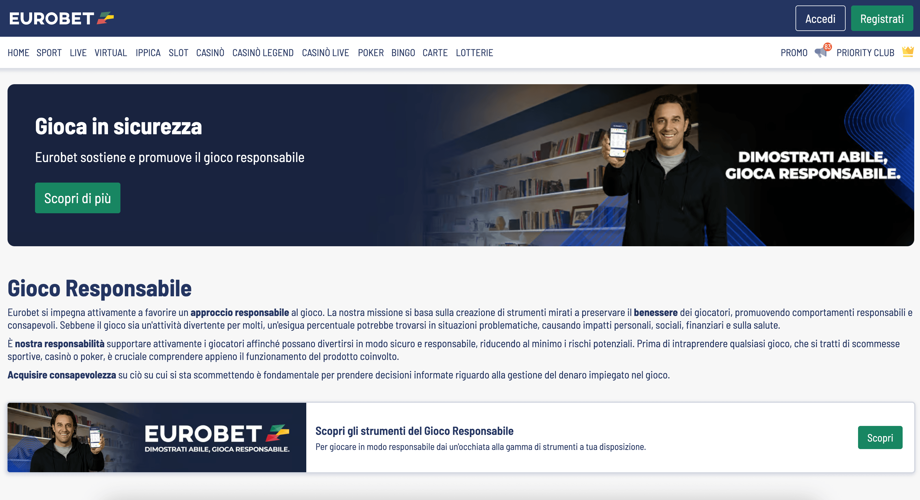 Screenshot Eurobet gioco responsabile