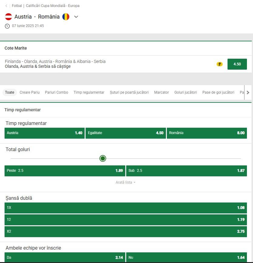 pariuri meciul zilei austria vs romania