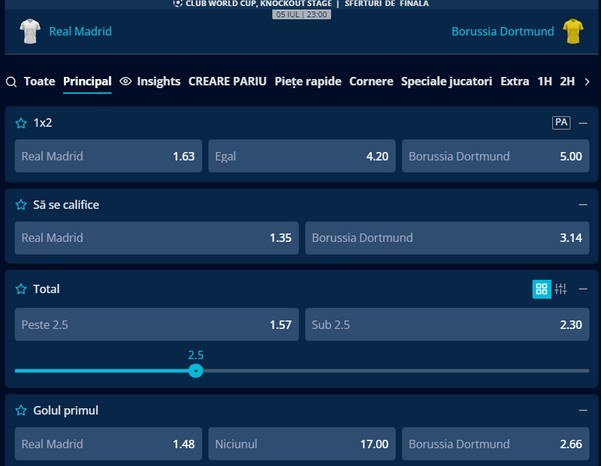 Pariuri Real Madrid vs Dortmund mondialul cluburilor 2025 cote