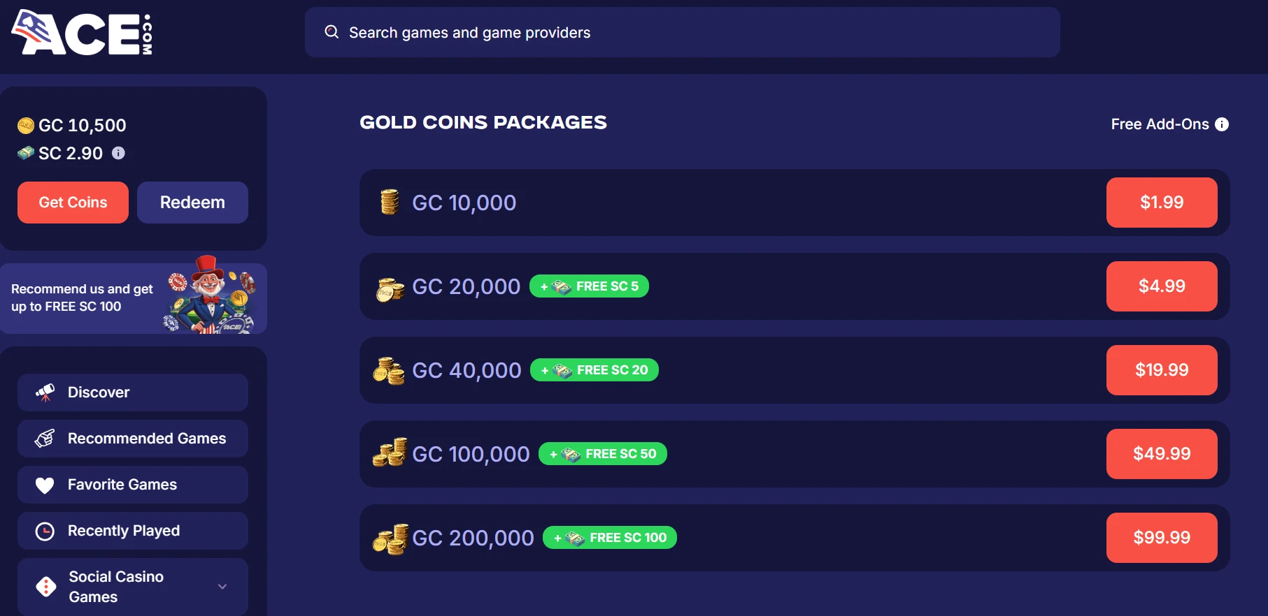 Ace Casino Gold Coin Packages
