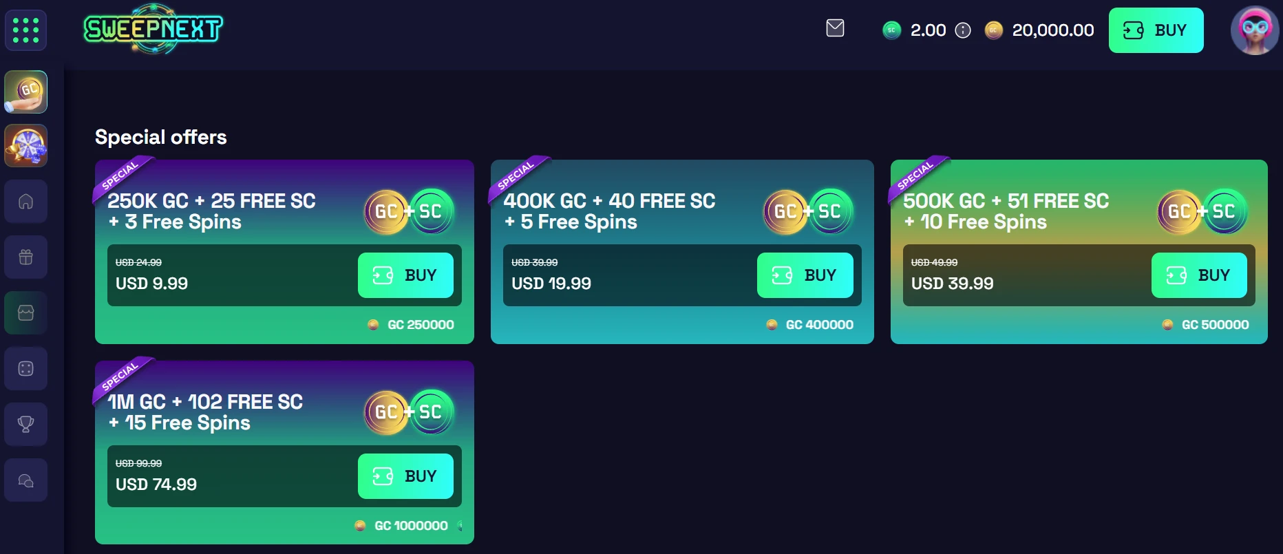 SweepNext Casino Special Gold Coin Packages