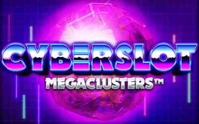 Cyberslot Megaclusters logotyp i neonrosa och lila med en glödande sfär i bakgrunden