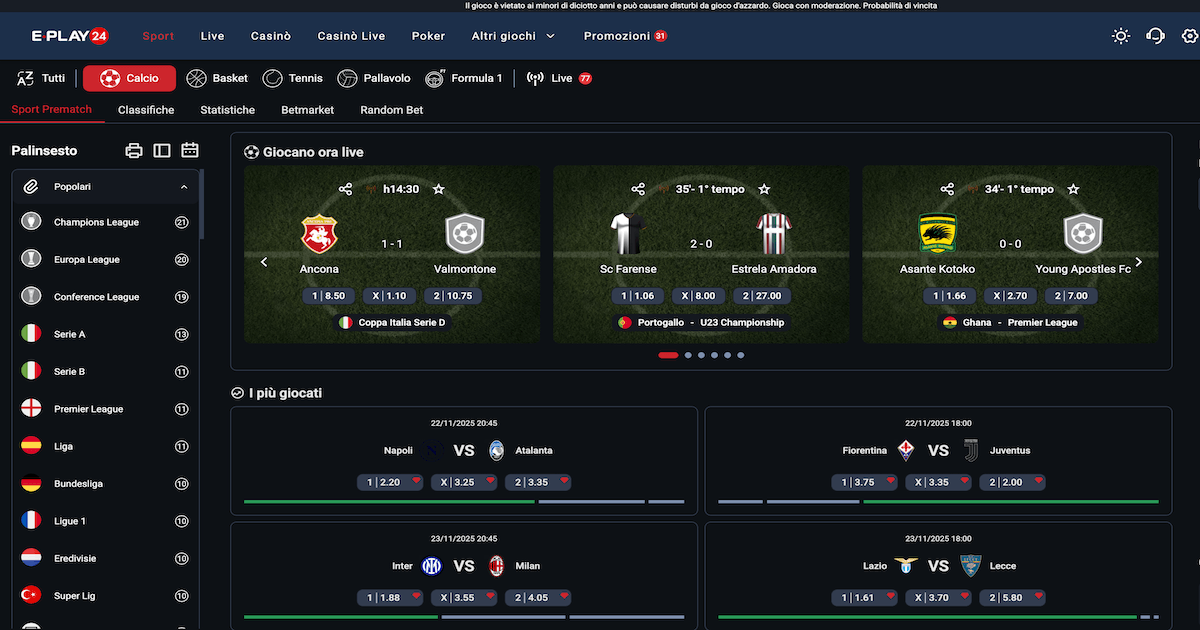 Homepage di Eplay24 Scommesse