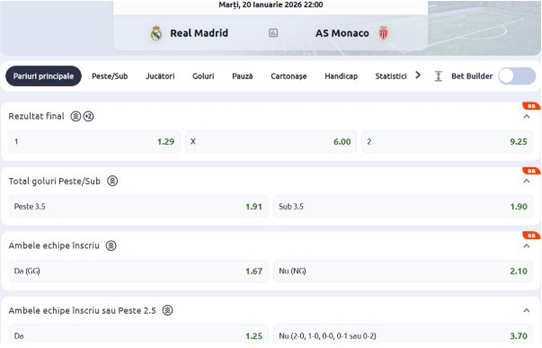 cote pariuri real madrid vs monaco