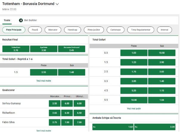 cote pariuri tottenham vs borussia dortmund