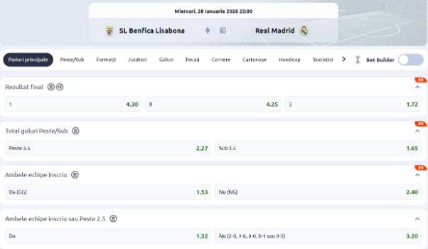 cote pariuri benfica real madrid