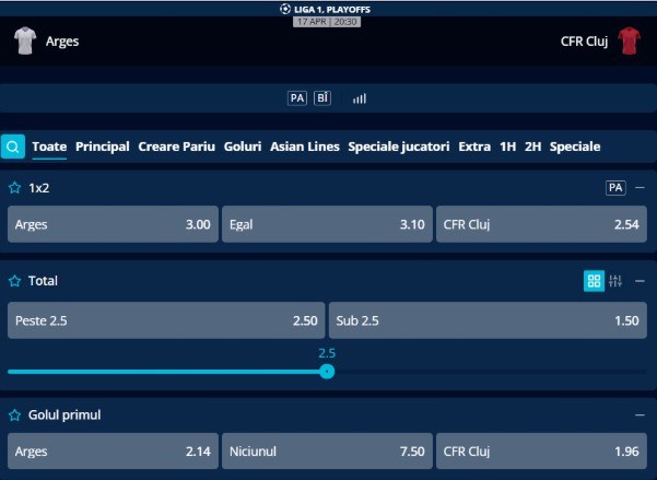 cote pariuri fc arges - cfr cluj