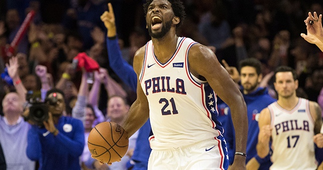 Philadelphia 76ers center Joel Embiid (21) reacts to a victory against the Orlando Magic at Wells Fargo Center.