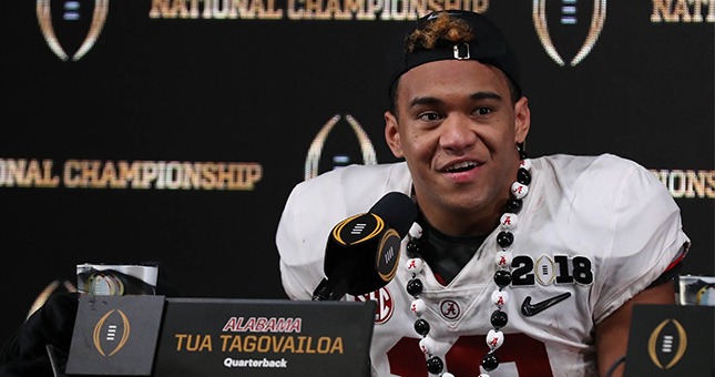 Alabama Crimson Tide quarterback Tua Tagovailoa (13) at a press conference after the 2018 CFP national championship college football game against the Georgia Bulldogs at Mercedes-Benz Stadium.