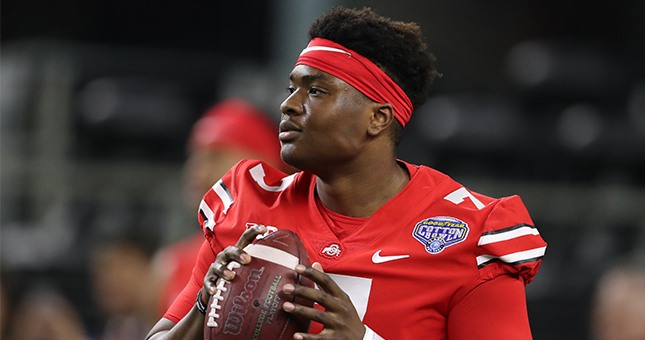 Ohio State Buckeyes quarterback Dwayne Haskins (7) prior to the game against the Southern California Trojans in the 2017 Cotton Bowl at AT&T Stadium.