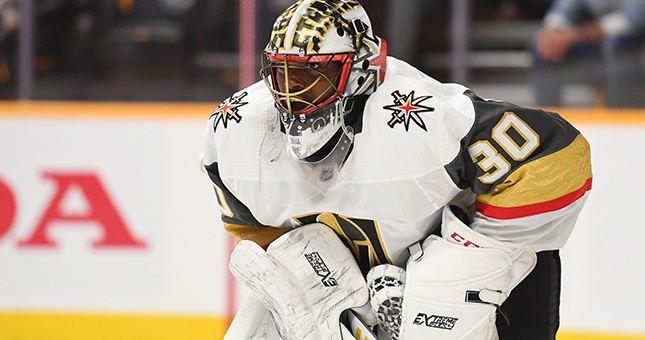 Vegas Golden Knights goaltender Malcolm Subban (30) looks on during the first period against the Nashville Predators at Bridgestone Arena.