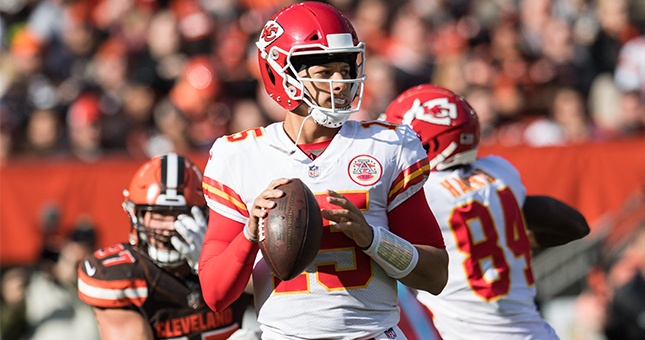 Kansas City Chiefs quarterback Patrick Mahomes (15) at FirstEnergy Stadium.