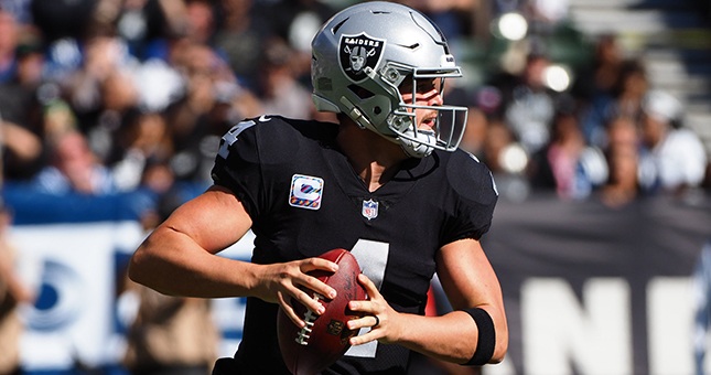 Oakland Raiders quarterback Derek Carr (4) during the first quarter against the Indianapolis Colts at Oakland Coliseum.