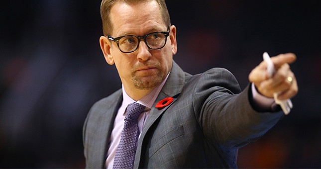 Toronto Raptors head coach Nick Nurse reacts in the first half against the Phoenix Suns at Talking Stick Resort Arena.