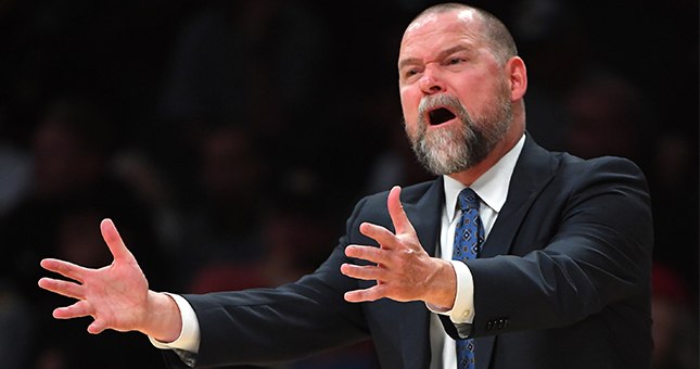 Denver Nuggets head coachMIchael Malone reacts on the sidelines in the first half of the game against the Los Angeles Lakers at Staples Center.