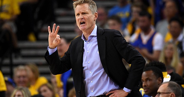 Golden State Warriors head coach Steve Kerr during the second quarter against the Cleveland Cavaliers in game two of the 2018 NBA Finals at Oracle Arena.