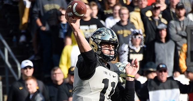 Purdue Boilermakers quarterback David Blough (11) throws in the first quarter against the Iowa Hawkeyes at Ross-Ade Stadium.