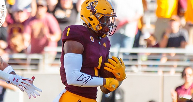 Arizona State Sun Devils wide receiver N'Keal Harry (1) scores a touchdown against the Utah Utes in the first quarter at Sun Devil Stadium.