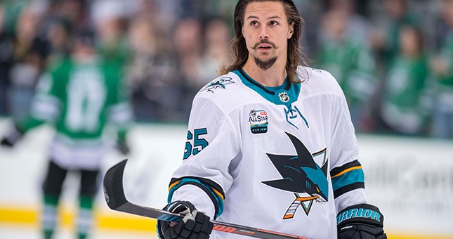 San Jose Sharks defenseman Erik Karlsson (65) skates in warm-ups prior to the game against the Dallas Stars at the American Airlines Center.