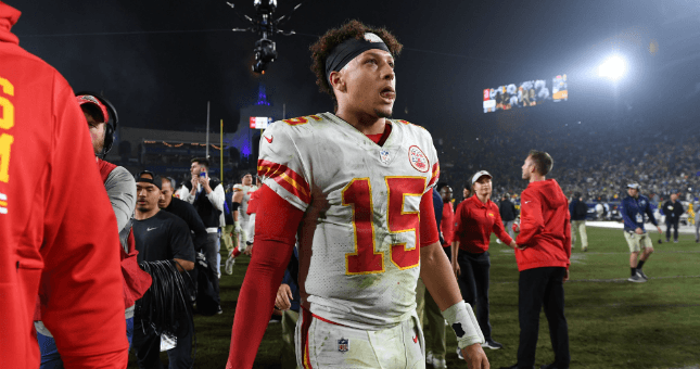 Kansas City Chiefs quarterback Patrick Mahomes (15) walks off the field after the Chiefs lost to the Los Angeles Rams.