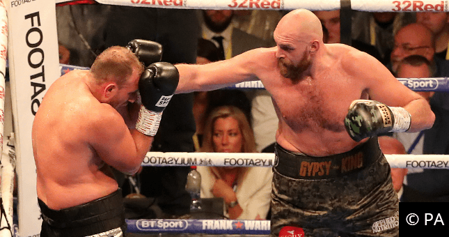 Tyson Fury (right) in action against Francesco Pianeta during the Heavyweight fight at Windsor Park, Belfast.