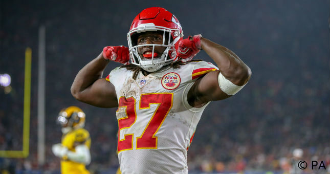 Kansas City Chiefs running Kareem Hunt celebrates after a touchdown against the Los Angeles Rams earlier this season.
