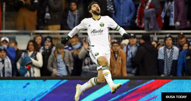 Portland Timbers midfielder Diego Valeri (8) celebrates after scoring a goal against the Sporting Kansas City.
