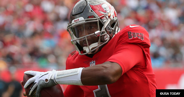 Tampa Bay Buccaneers quarterback Jameis Winston (3) runs out of the pocket against the Carolina Panthers.