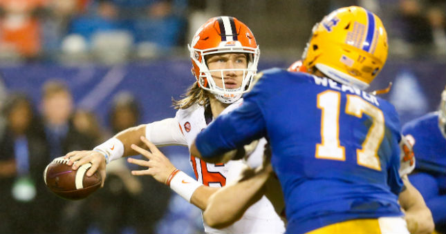 Clemson Tigers quarterback Trevor Lawrence (16) passes the ball in the third quarter against the Pittsburgh Panthers in the ACC championship game.