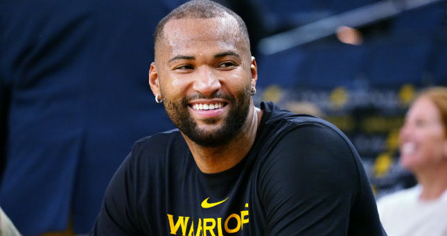 Golden State Warriors center DeMarcus Cousins (0) on the floor before the game against the Portland Trail Blazers at Oracle Arena.