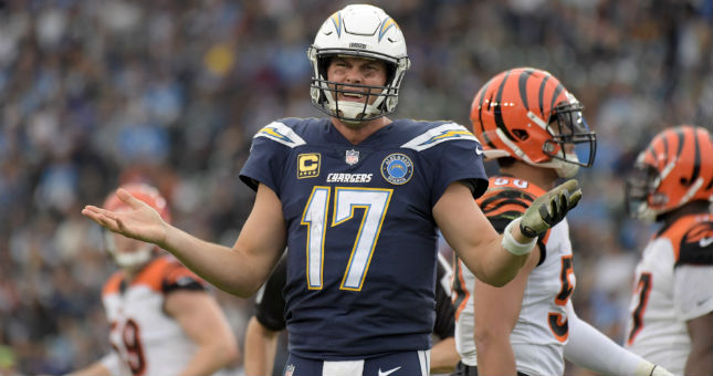 Los Angeles Chargers quarterback Philip Rivers (17) reacts in the second half against the Cincinnati Bengals at StubHub Center.