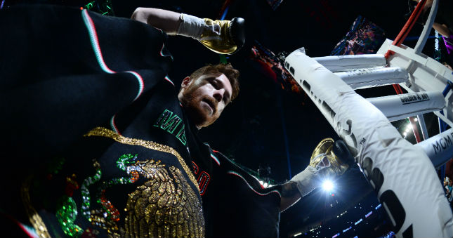 Canelo Alvarez enters the ring to face Gennady Golovkin in the middleweight world championship boxing match at T-Mobile Arena.