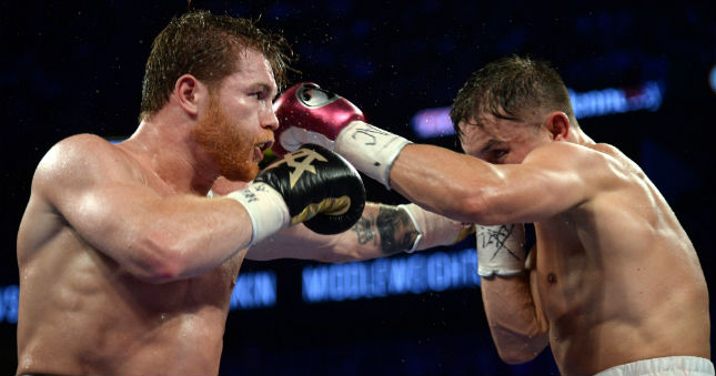 Canelo Alvarez (black trunks) and Gennady Golovkin (white trunks) box in the middleweight world championship boxing match at T-Mobile Arena. Alvarez won via majority decision.
