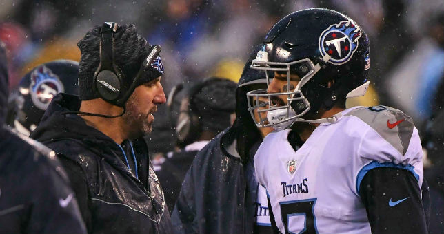 Tennessee Titans head coach Mike Vrabel and Tennessee Titans quarterback Marcus Mariota.