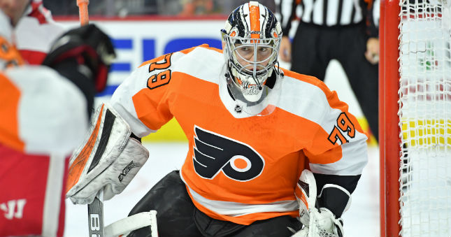 Philadelphia Flyers goaltender Carter Hart (79) looks on during the second period against the Detroit Red Wings.