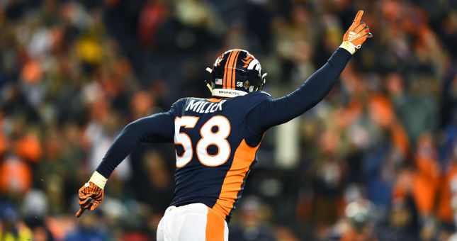 Denver Broncos outside linebacker Von Miller (58) celebrates his 98th team record sack on Cleveland Browns quarterback Baker Mayfield.