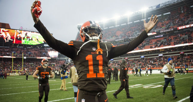 Cleveland Browns wide receiver Antonio Callaway (11) celebrates after the Browns beat the Cincinnati Bengals at FirstEnergy Stadium.