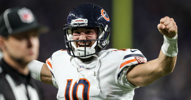 Bears quarterback Mitchell Trubisky (10) celebrates during the fourth quarter against the Vikings.