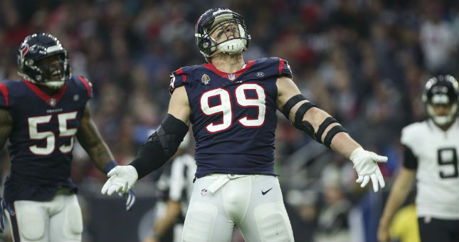 Texans defensive end J.J. Watt (99) celebrates after a play during the fourth quarter against the Jaguars.