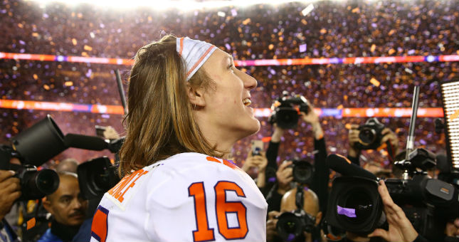 Clemson quarterback Trevor Lawrence celebrates after defeating the Alabama Crimson Tide in the 2019 College Football Playoff Championship game.
