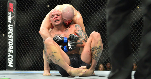 Anthony Smith (blue gloves) fight Volkan Oezdemire during UFC Fight Night at Moncton Events Centre..