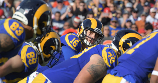 Rams quarterback Jared Goff (16) prepares to take the snap against the 49ers in the second quarter at Los Angeles Memorial Coliseum.