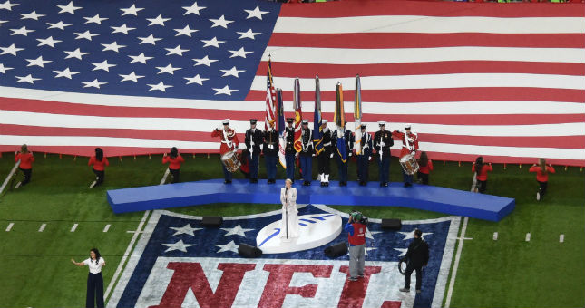Recording artist Pink sings the National Anthem before Super Bowl LII.