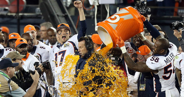 Broncos head coach Gary Kubiak is dunked with Gatorade during the fourth quarter against the Carolina Panthers in Super Bowl 50.