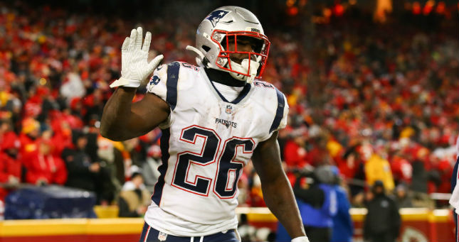 Patriots running back Sony Michel (26) reacts after a touchdown during the second half of the AFC Championship game.